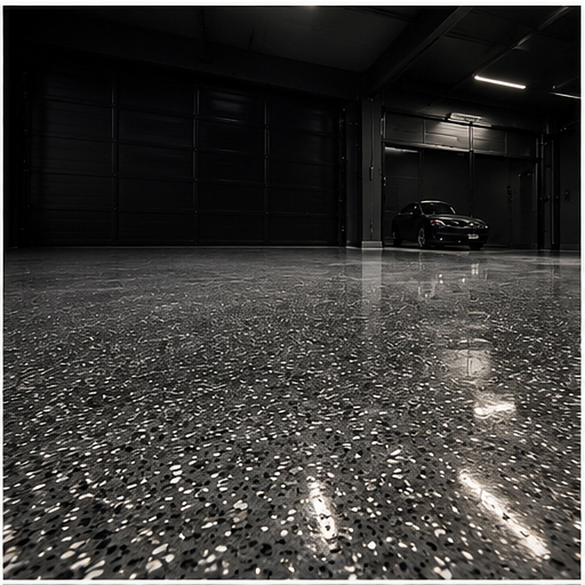 Dark premium garage with a high-gloss reflective flake floor