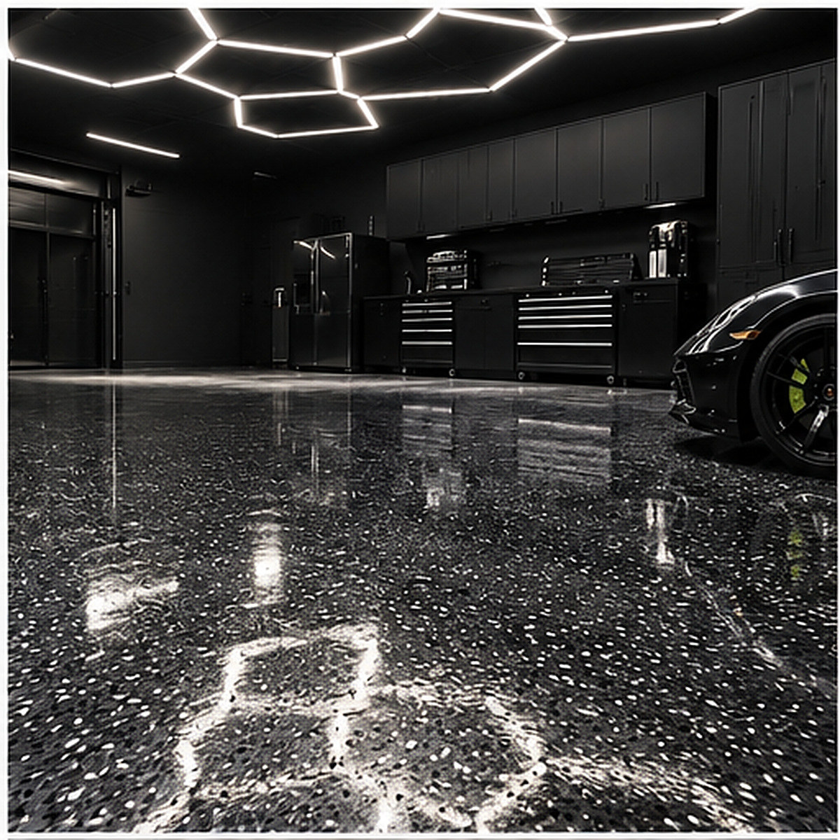 Premium epoxy flake floor with a high-gloss reflective finish