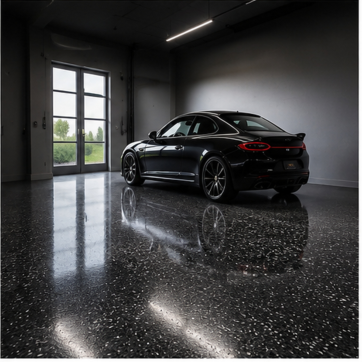 Showroom with a mirror-gloss epoxy floor