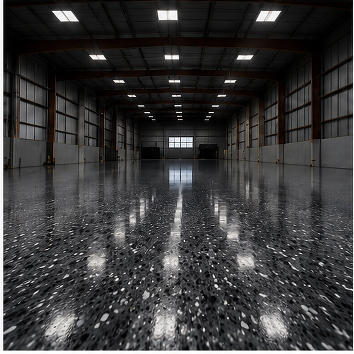Commercial epoxy floor with reflected ceiling lights running into depth